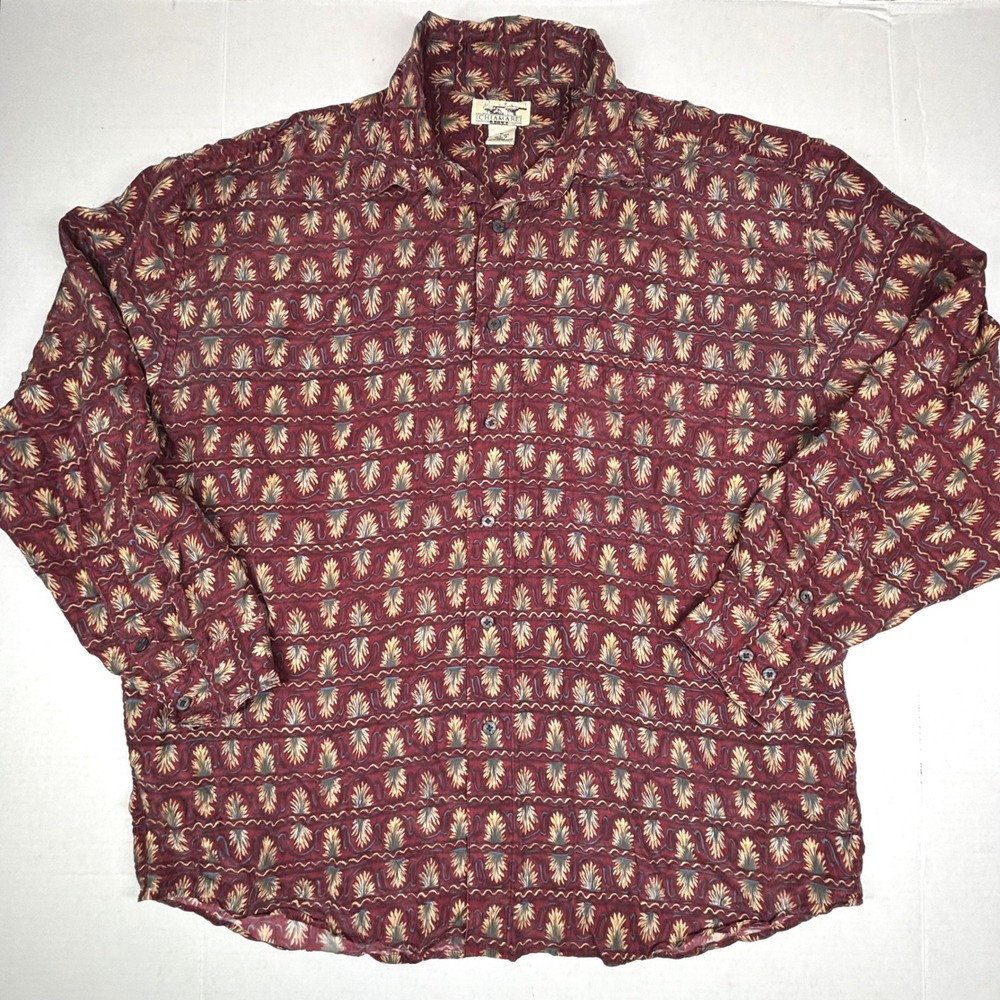 CHIAMARE 100% Silk Button Down Shirt Mens Large Abstract‎ Maroon Dad Resort EUC
